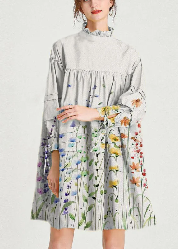 Plus Size Grey Flowers Stand Cotton Bow Spring Maxi Dresses