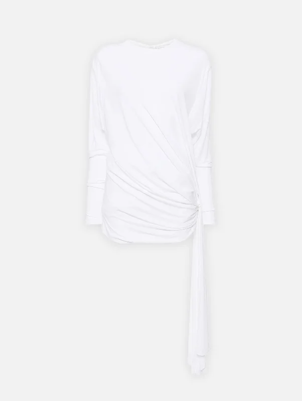 Side Cowl Drape Extension Dress in White